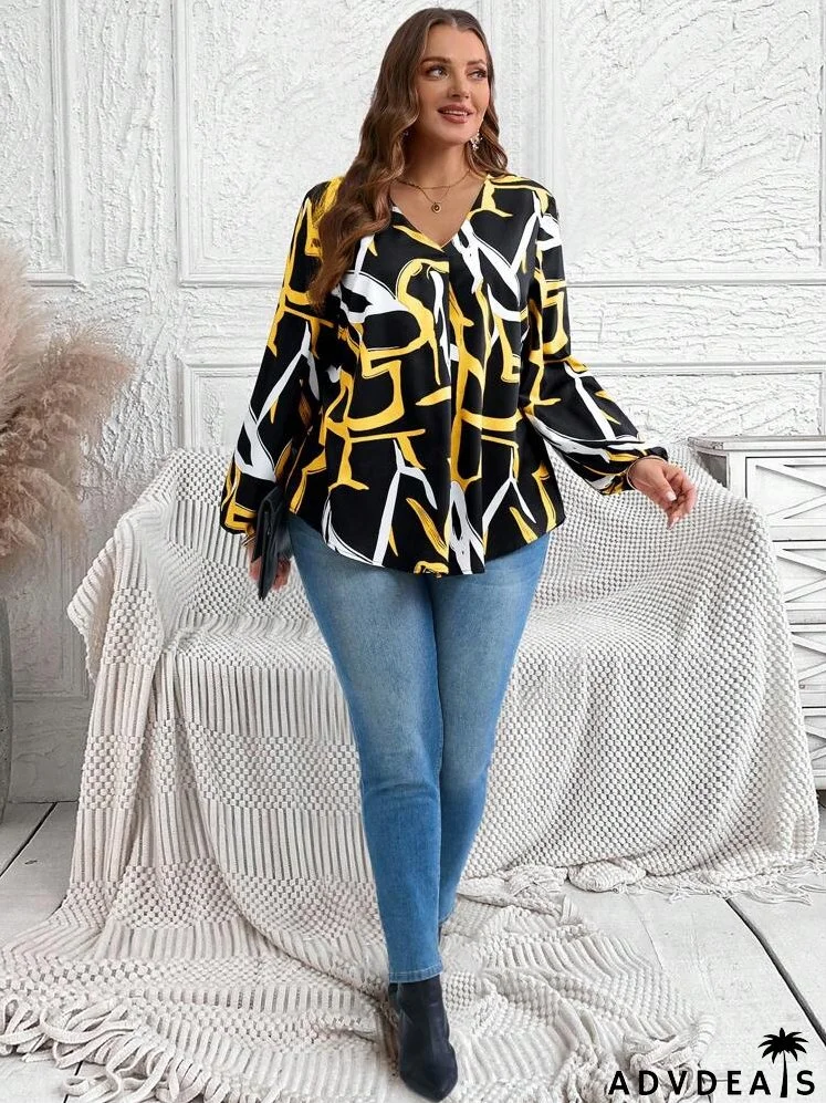 Plus Size Women's Asymmetrical Line Print V-Neck Lantern Sleeve Loose Casual Long Sleeve Blouse, Fall Clothes