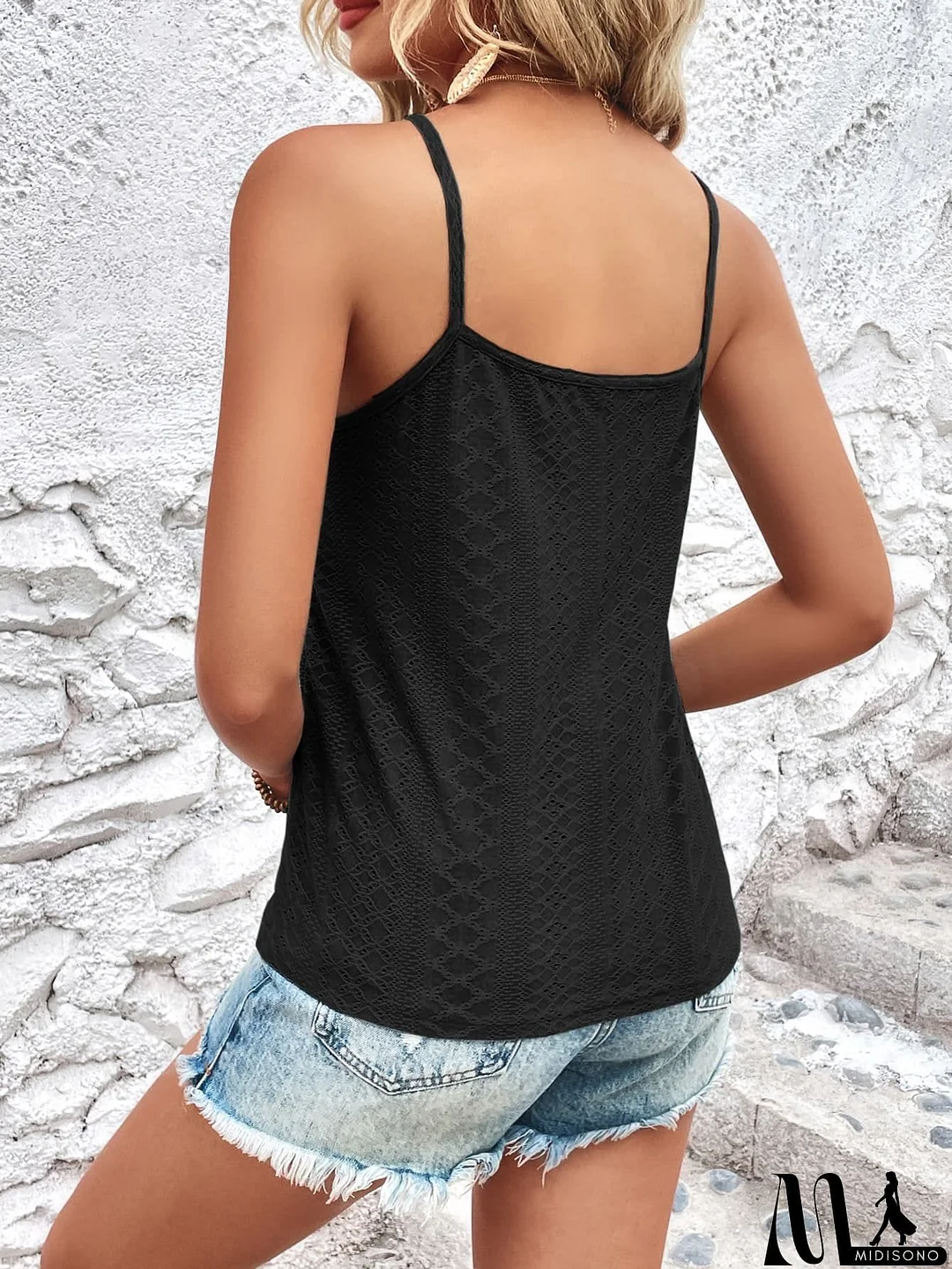 MidiSono - Eyelet Lace Trim V-Neck Cami