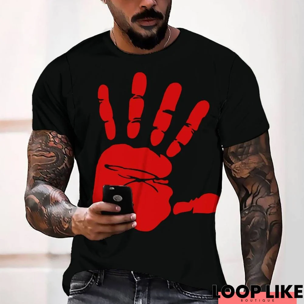 3D Digital Printed Red Hand Men's Casual Loose Short Sleeve T-Shirt