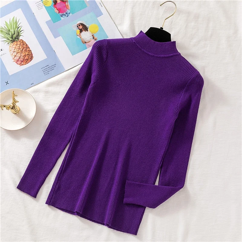 Zoki Autumn Women Pullover Sweater Half Turtleneck Long Sleeve Knitted Jumper Winter Elastic Solid Basic Ladies Blouse New 2021