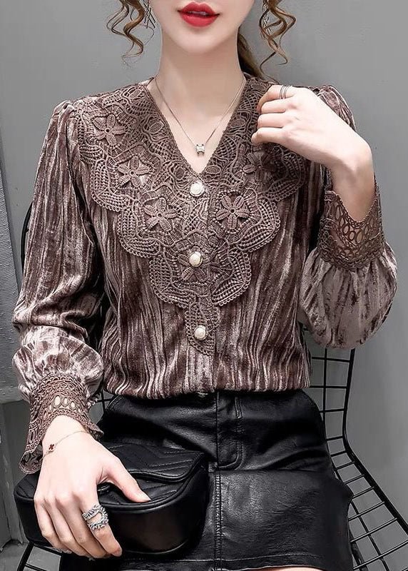 Coffee Lace Silk Velour Blouses V Neck Button Long Sleeve