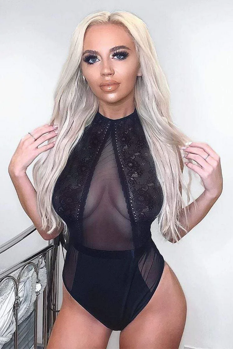 Black Sheer High Neck Lace Bodysuit Katch Me