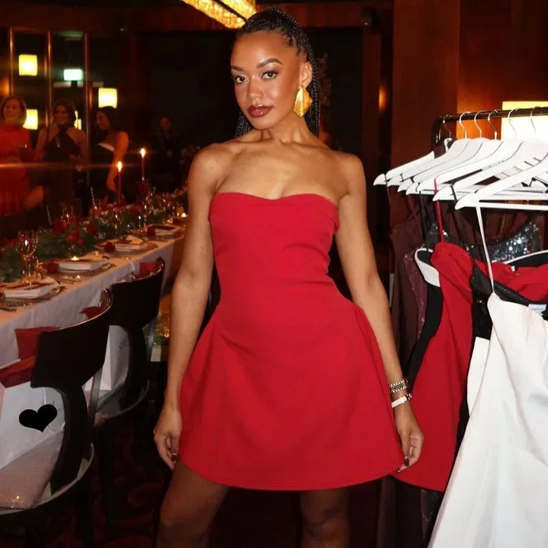 Toloer Strapless Upturned Flare Mini Dress-Outfit Ideas