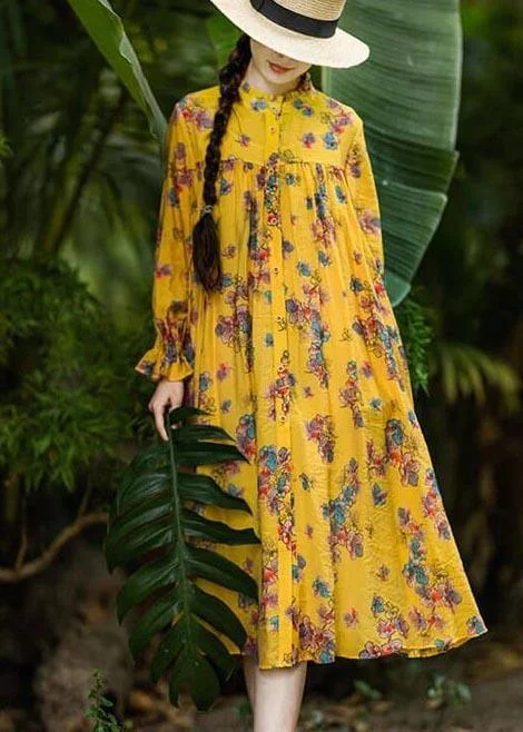 Chic Clothes Women Casual PLUS Size Spring Stand Collar Pleated Yellow Floral Dress