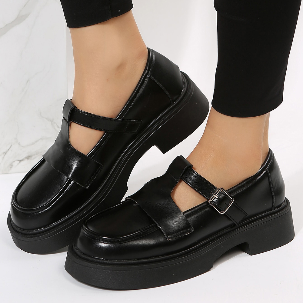 Black Vegan Leather Rounded Toe Flat Oxford Shoes with Buckle Nicepairs