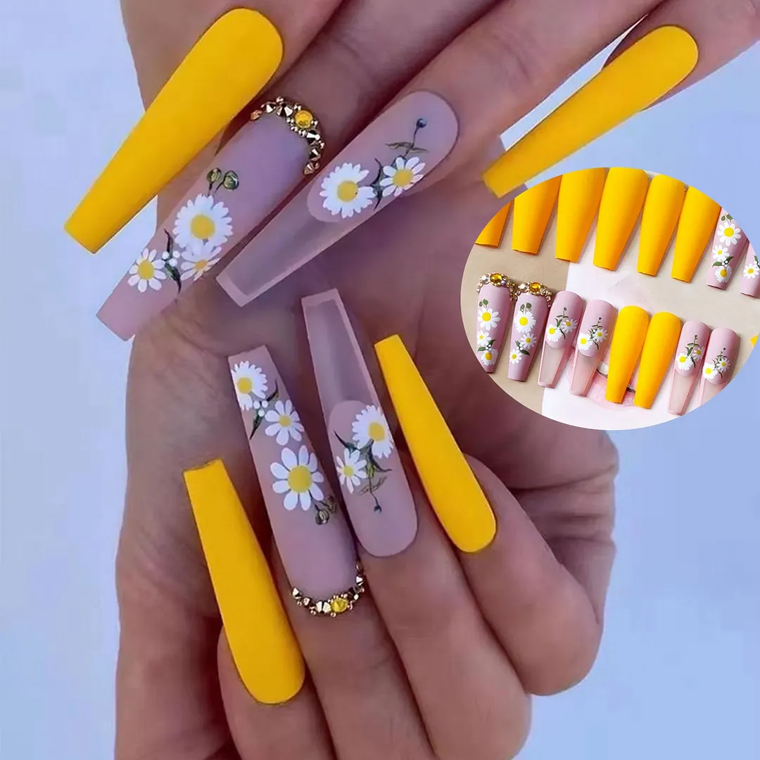 24pcs Long Coffin False Nails Wearable Ballerina Fake Nails Orange gradient gold foil nails Full Cover Nail Tips Press On Nails-Nail Inspo