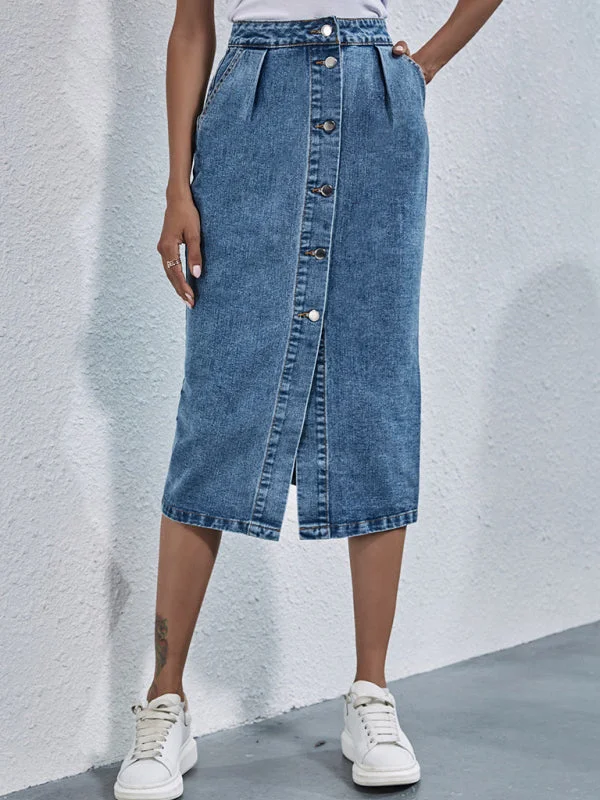 The Conor - High Waist Single Breasted Denim Skirt