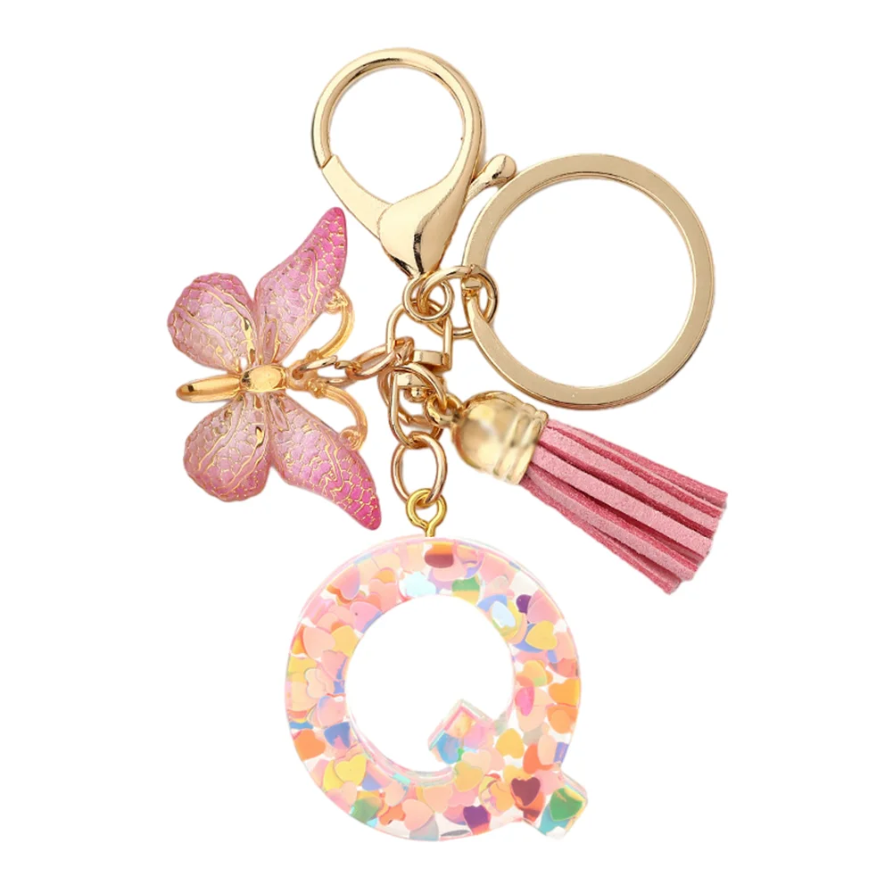 Resin Initial Letter Keychains Alphabet Letter Keychain Pink Tassel Butterfly Key Ring