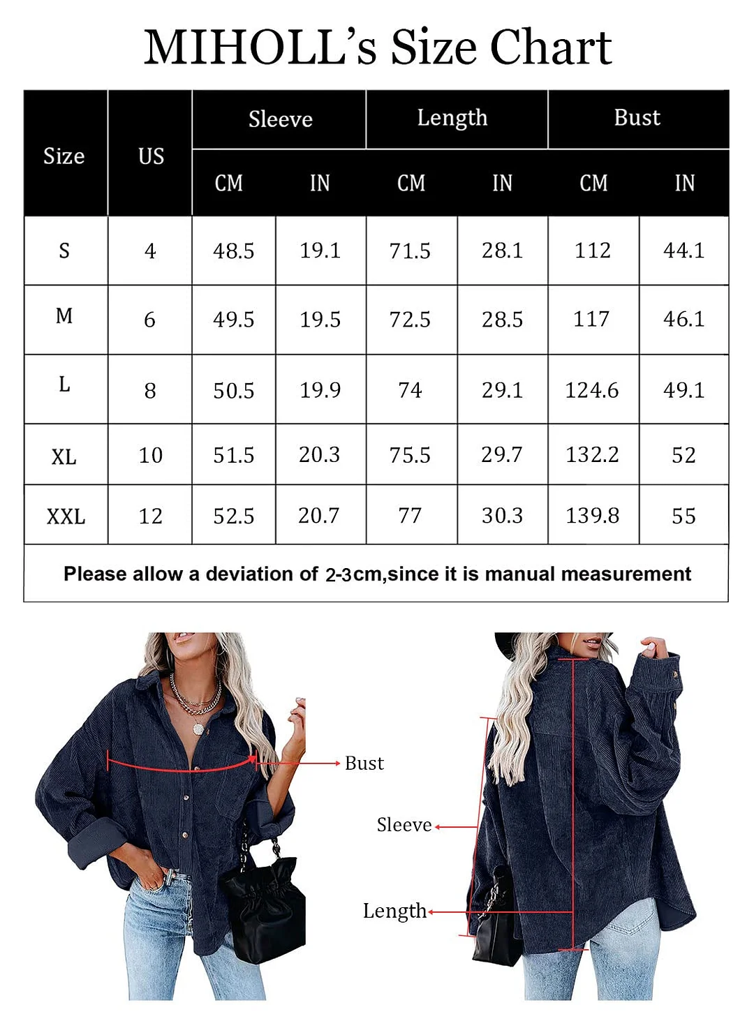 MIHOLL Women Corduroy Long Sleeve Button Down Collared Shirt Jacket Tops