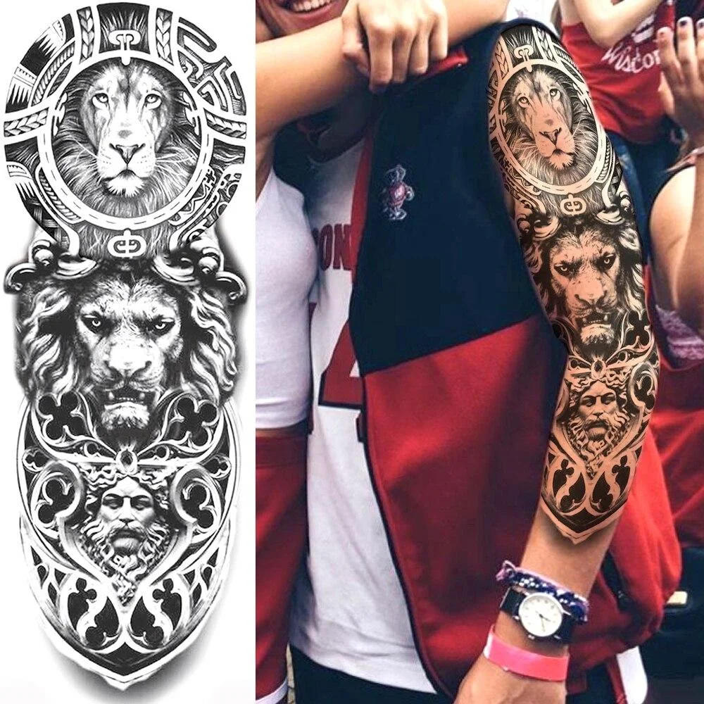 Tribal Maori Temporary Tattoo Sleeve For Men Women Adult Wolf Lion Tattoos Sticker Black Large Turtle Tiki Fake Tatoos Supplies 1108
