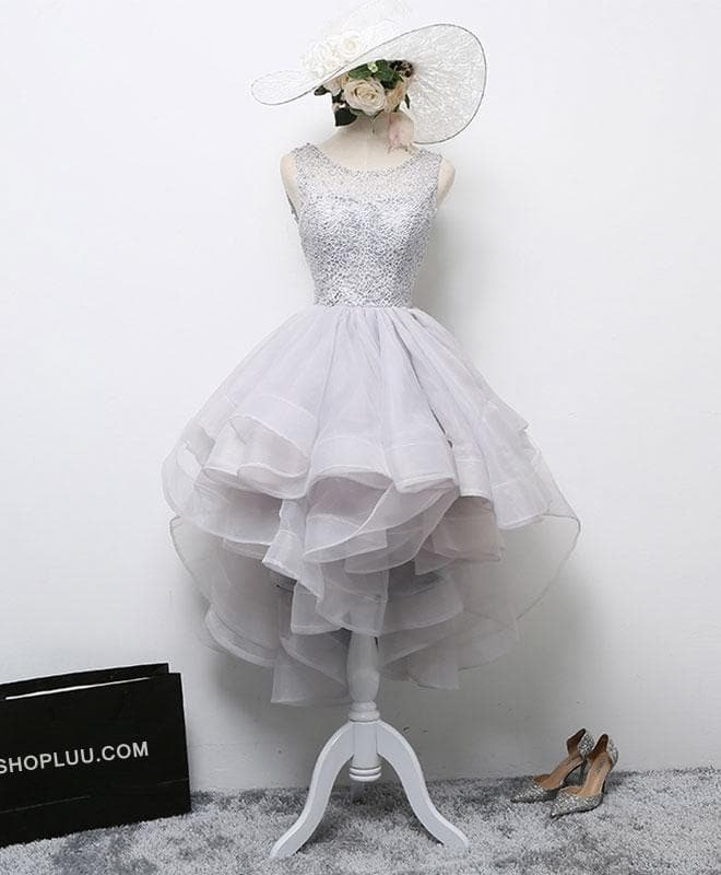 Gray Round Neck Tulle Lace Short Prom Dress, Formal Dress
