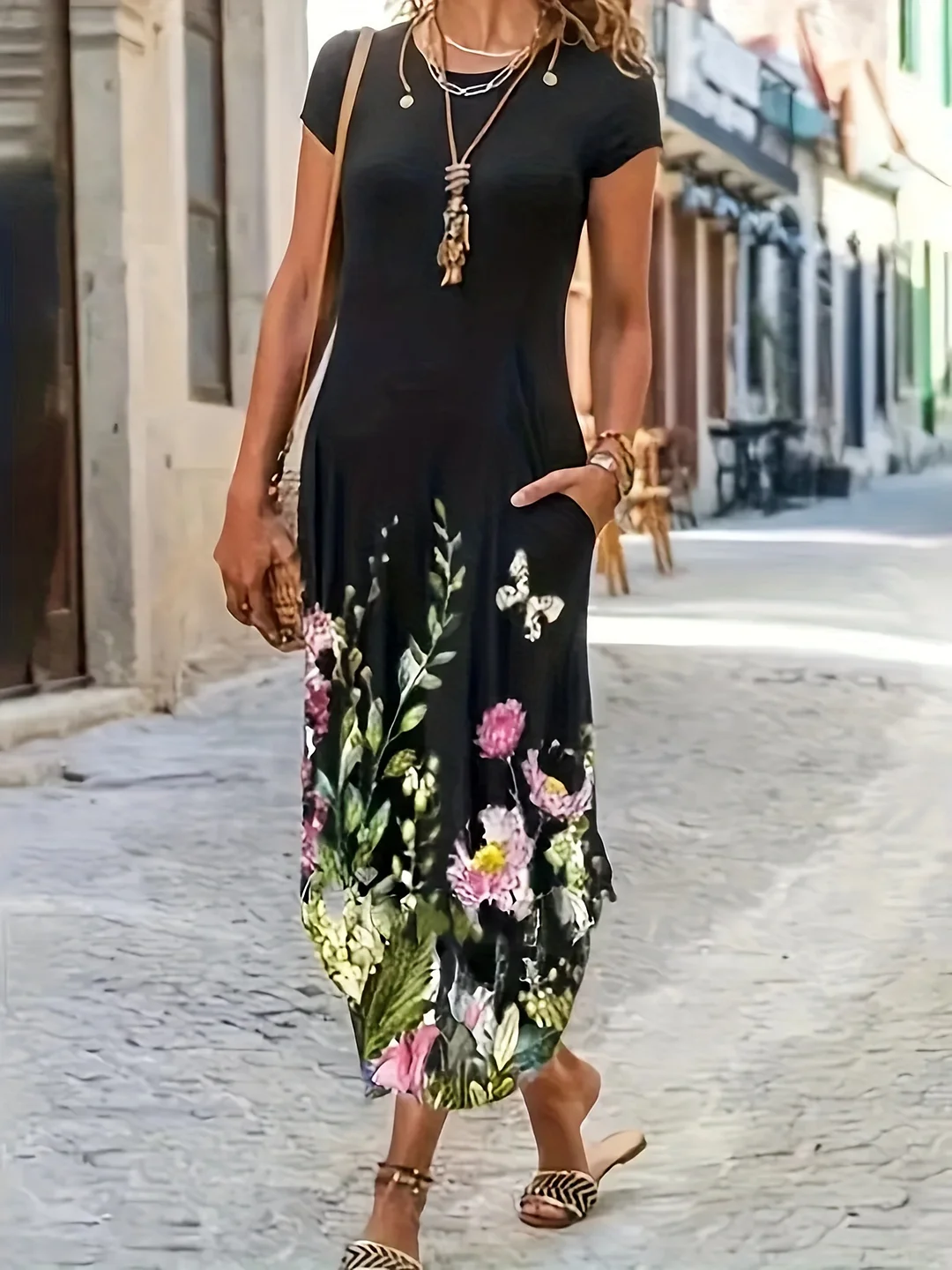 Ueong Ueong Women's Summer New Casual Fashion Print Pocket Dress Women's Full-Length Dress