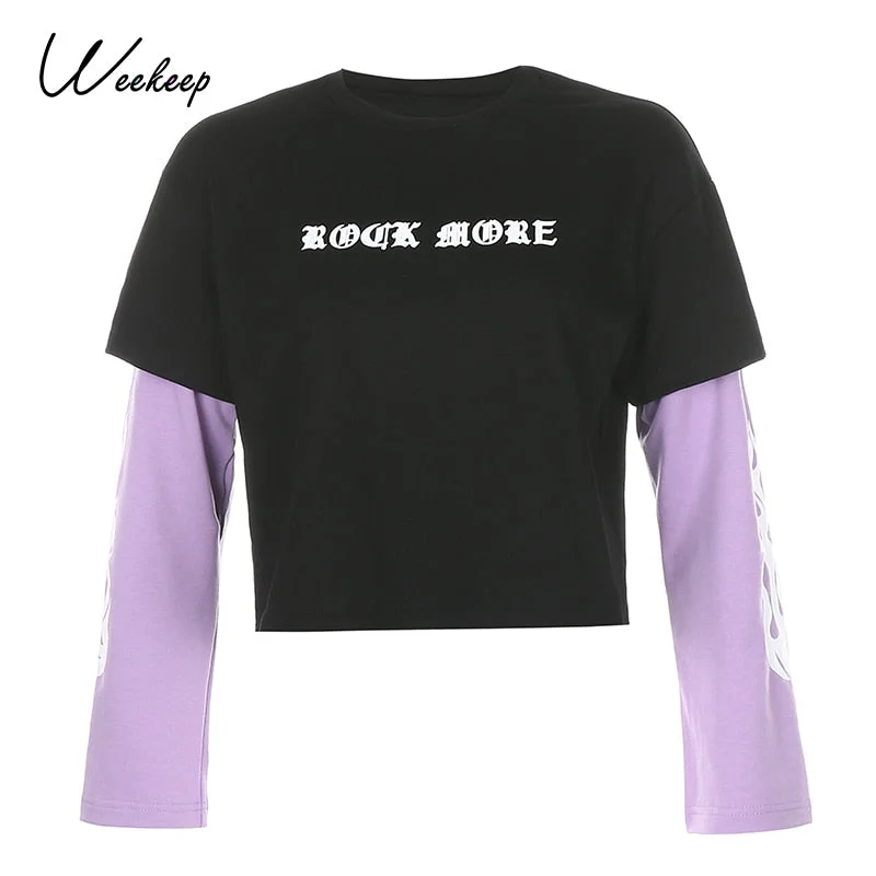 Weekeep Fire Flame Print Fake Two Piece Sweatshirt Women Harajuku Gothic  Streetwear Hoodies Fashion Loose Crop Sweatshirts 2020