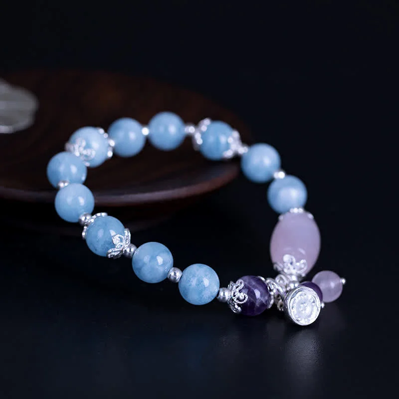 925 Sterling Silver Natural Aquamarine Amethyst Lotus Healing Charm Bracelet