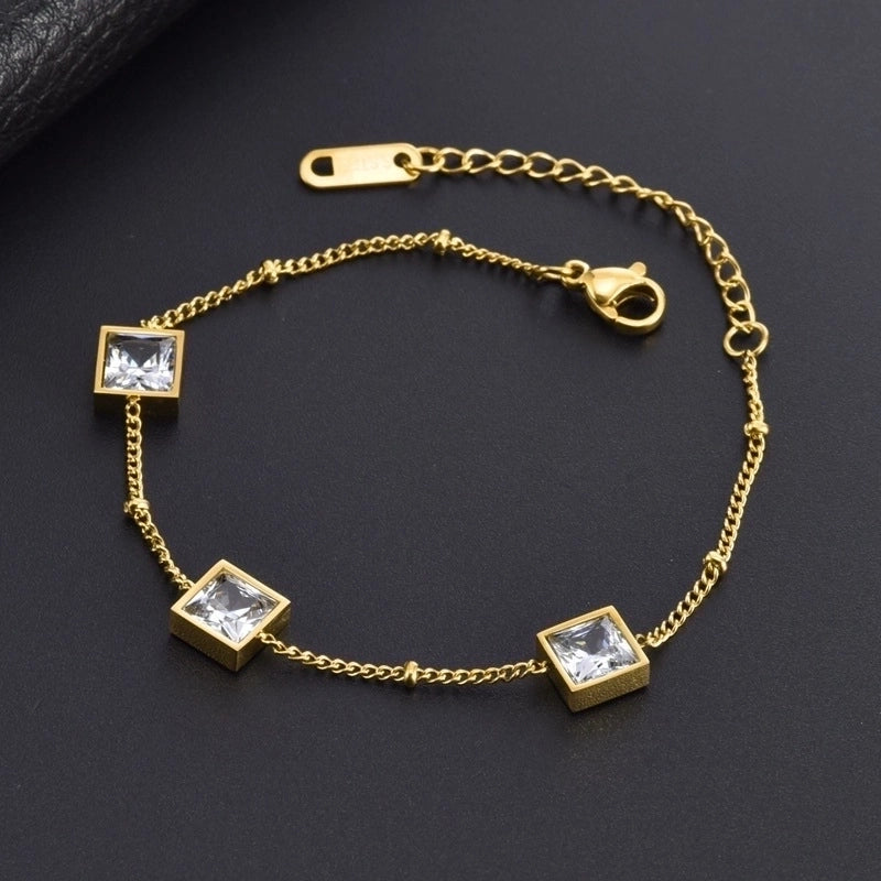 Titanium Steel 18K Gold Plated Minimalist Inlay Square Rhinestones Bracelets Necklace