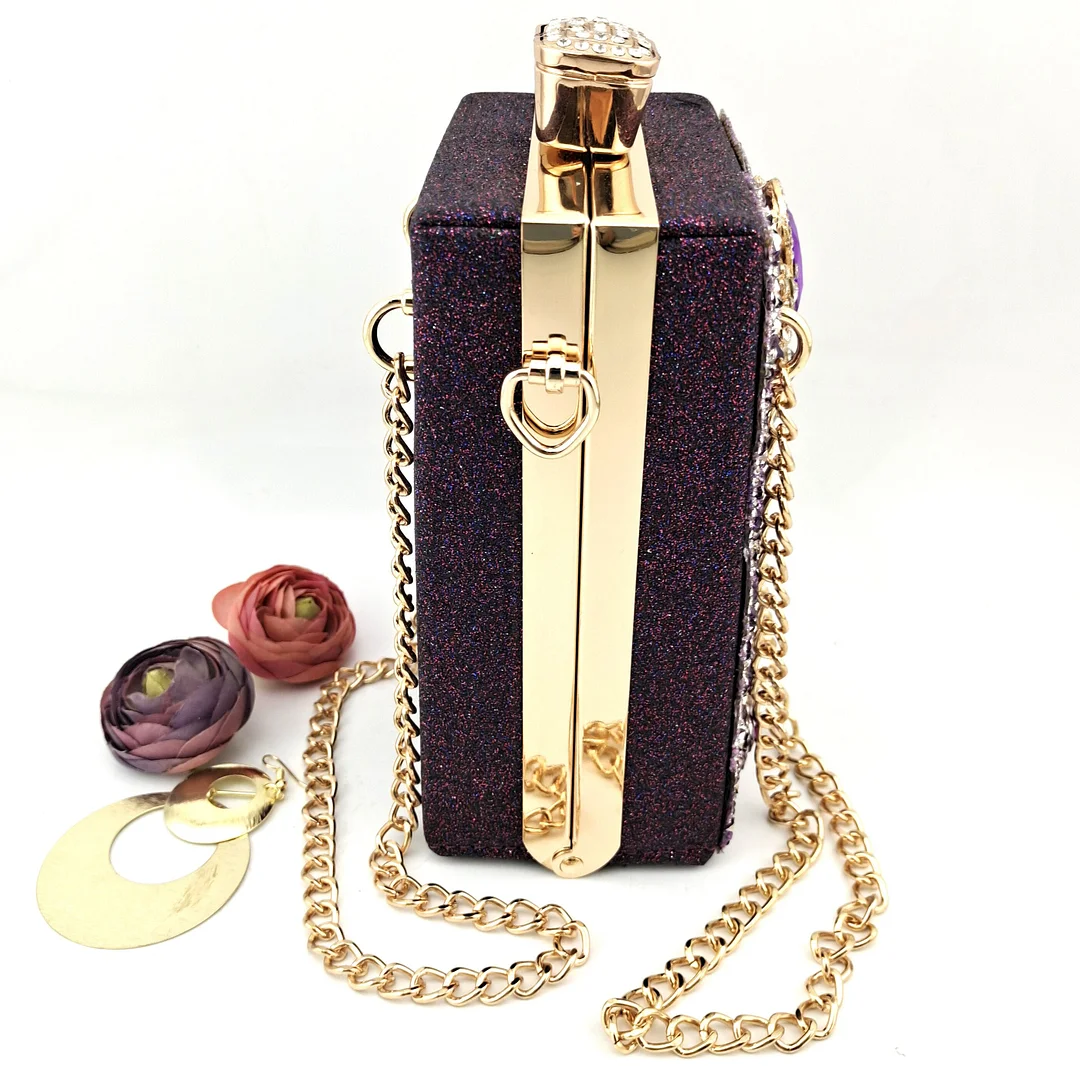 QSGFC 2022 Purple  Color Shiny Retro Alloy Mosaic Rhinestone Accessories Ladies Shoes and Bag Set for Party Wedding