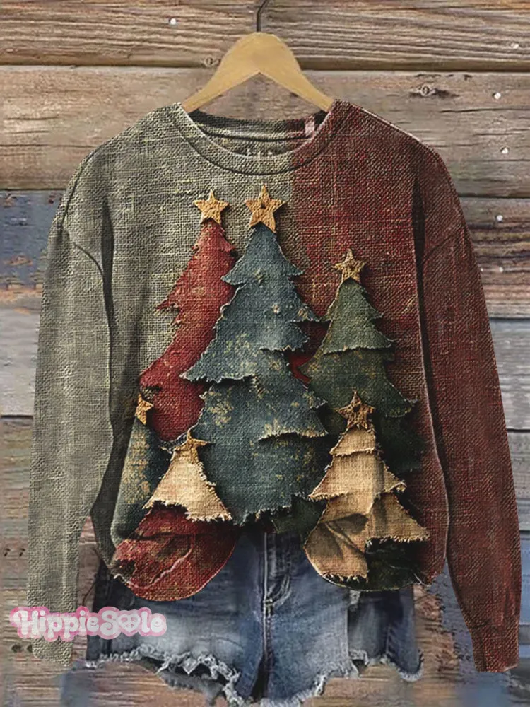 Vintage Christmas Tree Art Print Casual  Sweatshirt