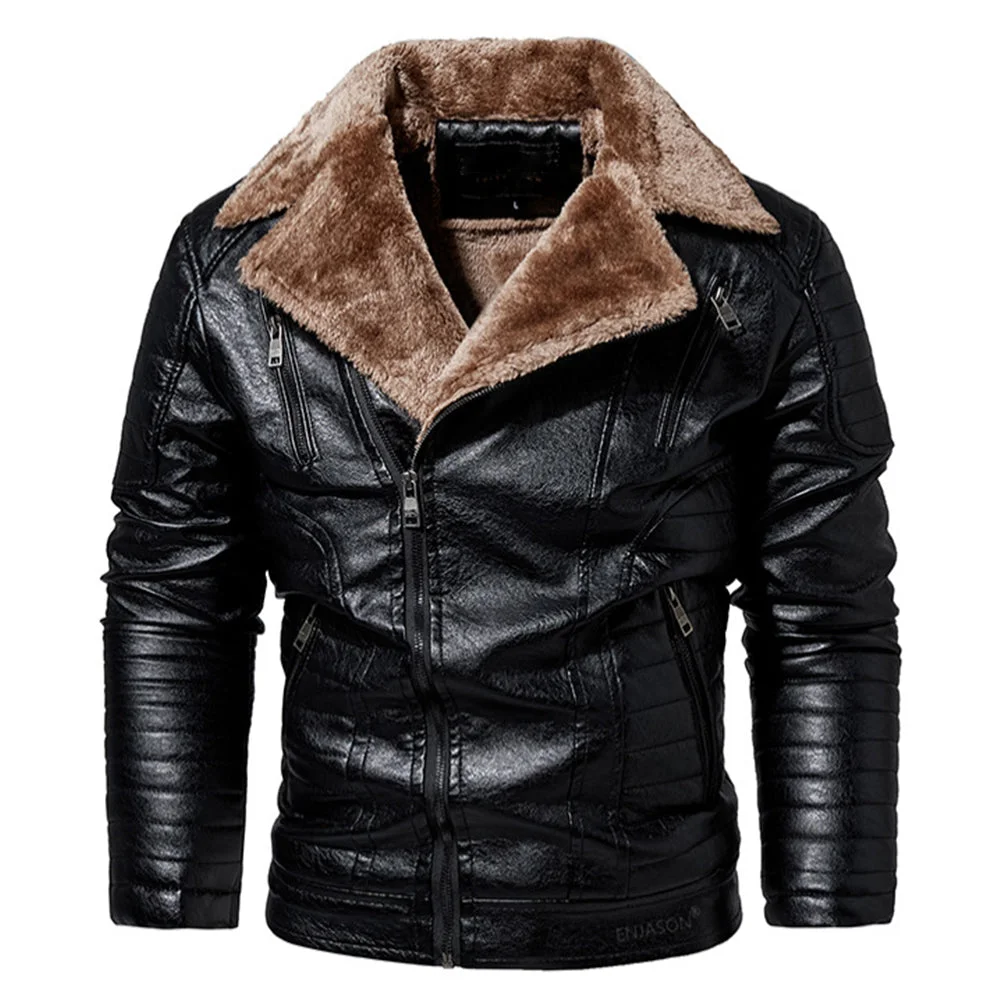 Smiledeer Fashion Men's Casual Fleece Warm Leather Jacket