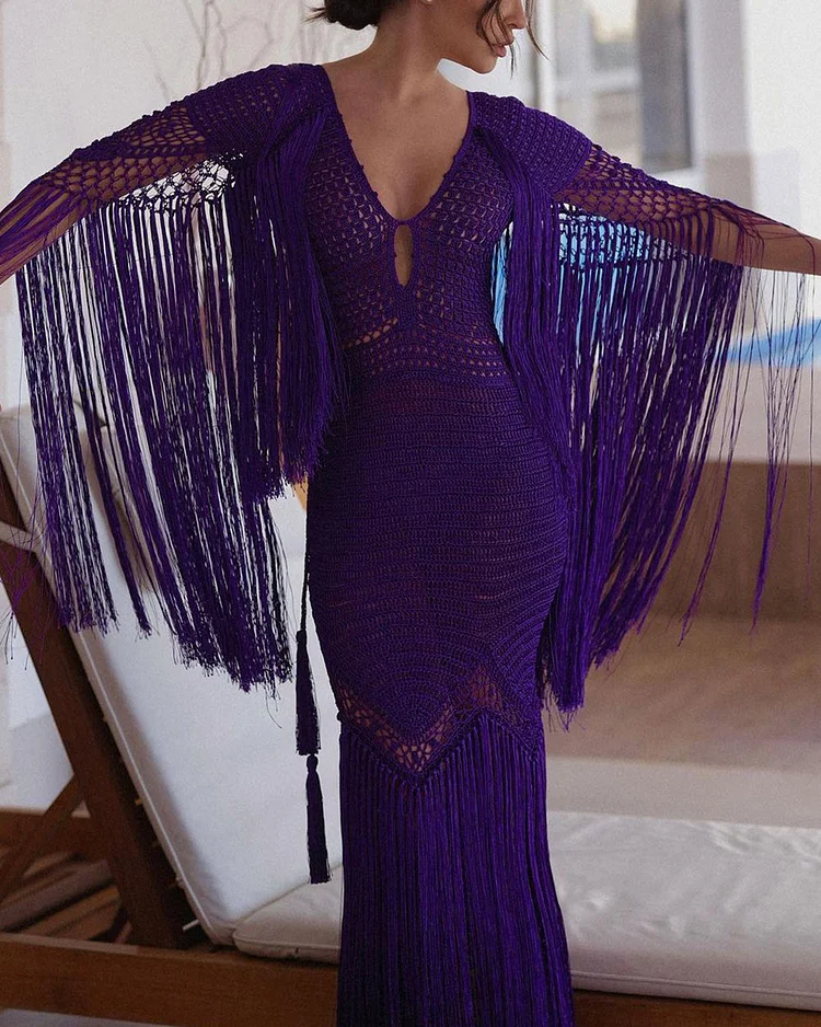 Purple Crocheted Fringed V-Neck Dress