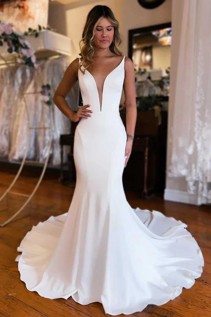White Classy A-Line Deep V-Neck Open Back Wedding Dress YU0050