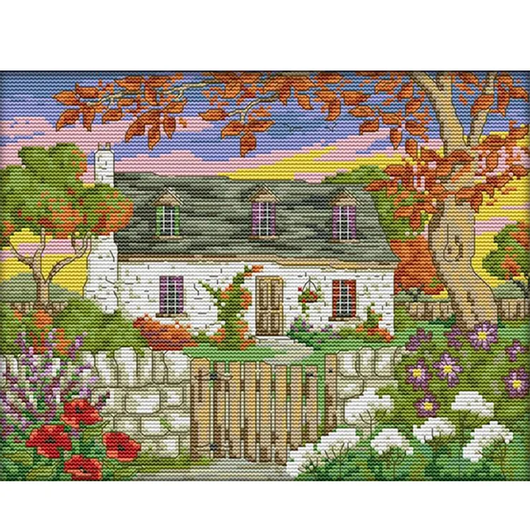 Joy Sunday Autumn Colors In The Courtyard 14CT Stamped Cross Stitch 33*28CM