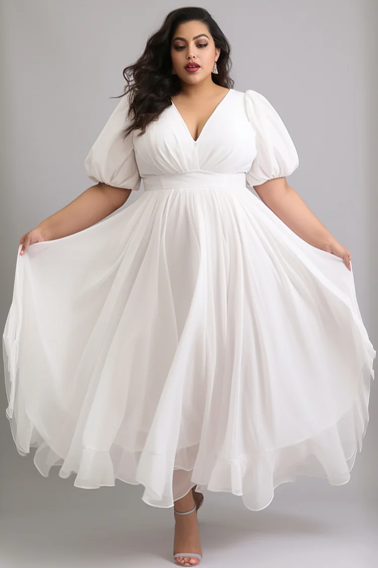 Xpluswear Design Plus Size Semi Formal Elegant White V Neck Puff Sleeve Short Sleeve Tulle Maxi Dresses 