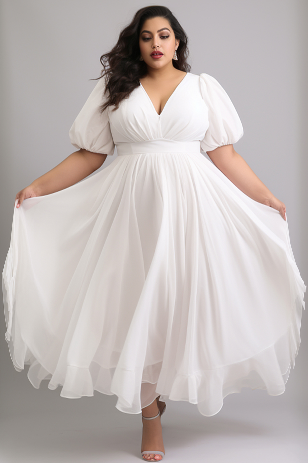 Design Plus Size Semi Formal Elegant White V Neck Puff Sleeve Short Sleeve Tulle Maxi Dresses [Pre-Order]