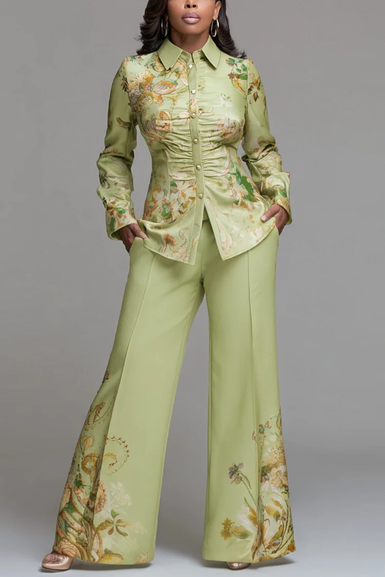 Xpluswear Design Plus Size Formal Green Floral Shirt Collar Long Sleeve Pocket Elegant Two Piece Pant Sets [Pre-Order]