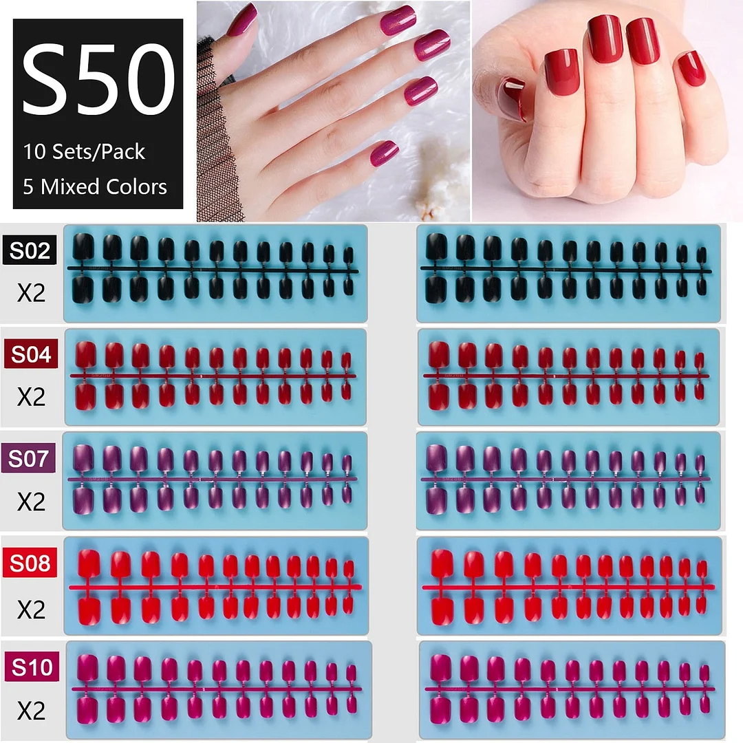 10 Sets/Pack Mixed Solid Colors Coffin Round Square Almond Shape False Nails Full Cover Nail Tips Short Fake Nails Tip Manicure-Nail Inspo