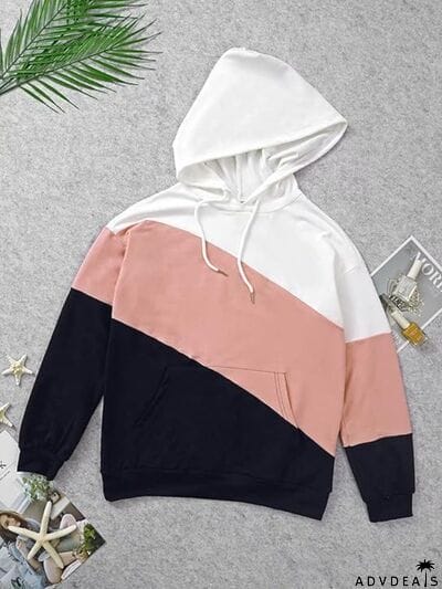 Color Block Drawstring Pocketed Hoodie