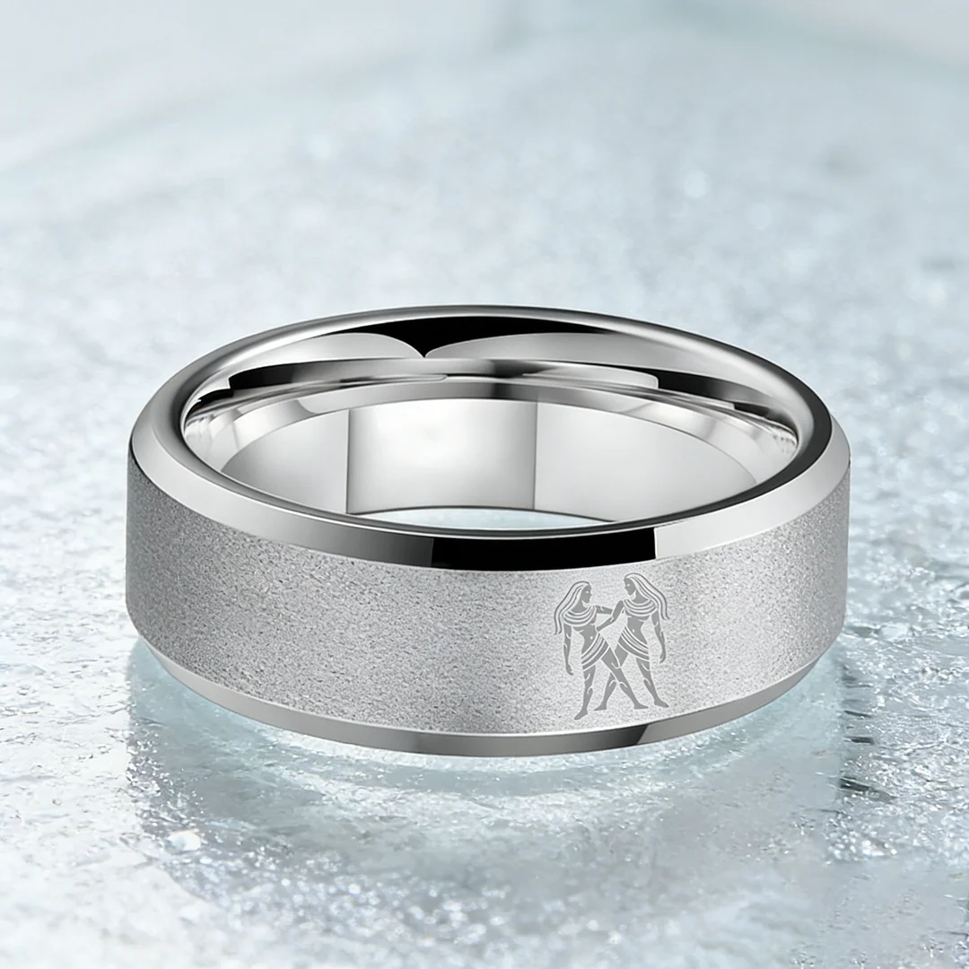 Sliver Laser Etched Couple Wedding Bands Sliver Gemini Tungsten Carbide Ring Beveled Edges 4MM 6MM 8MM Width