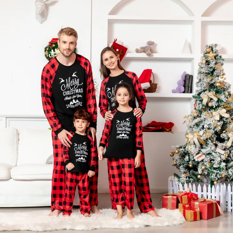 Merry Christmas and Happy New Year Red Plaid Family Matching Pajamas Sets