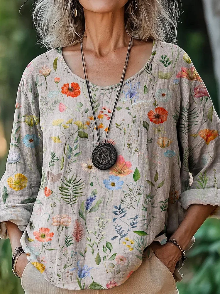 Women's Vintage Lovely Floral Art Print Casual Cotton And Linen Shirt