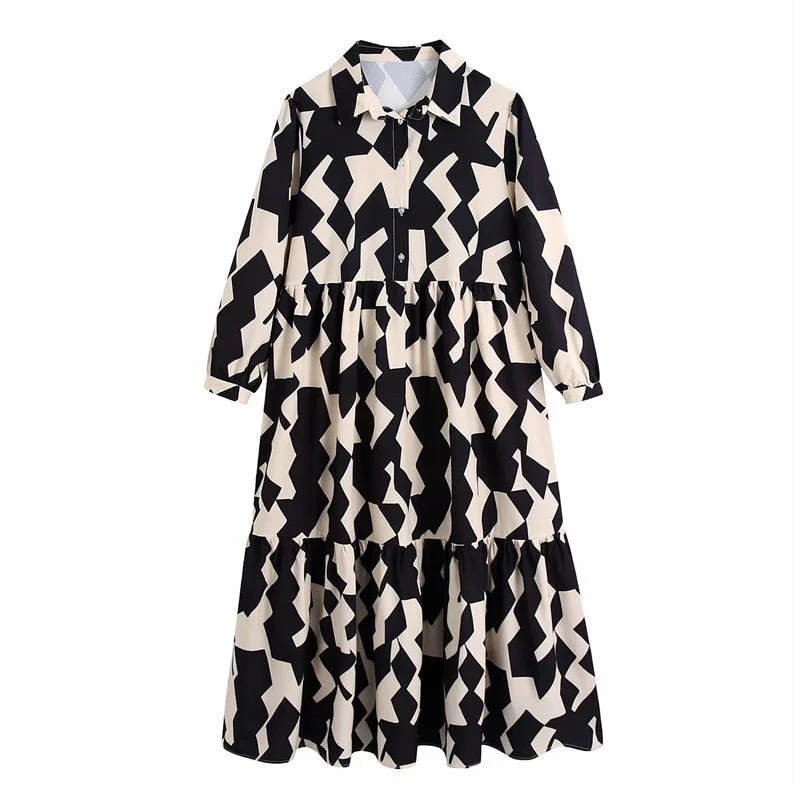 ZA 2021 Black Print Midi Shirt Dress Women Long Sleeve Loose Summer Dress Fashion Button Up Pleat Female Vintage Dresses