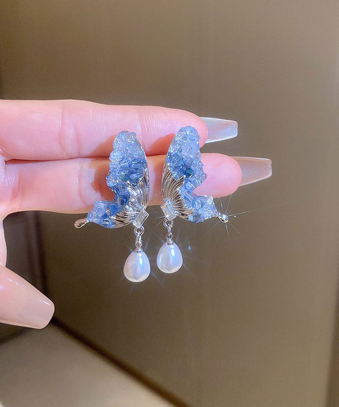 VCSHOES Blue Sterling Silver Zircon Pearl Crystal Butterfly Water Droplet Drop Earrings