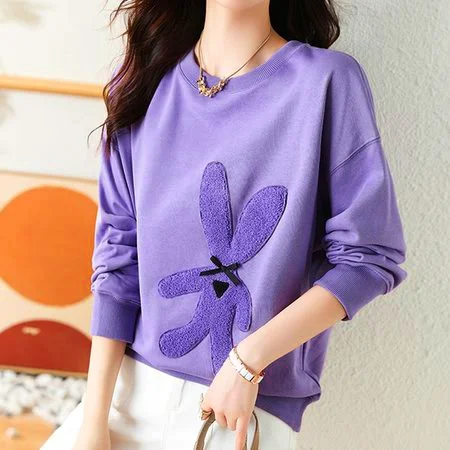 Purple Embroidered Long Sleeve Cartoon Shift Sweatshirt QueenFunky