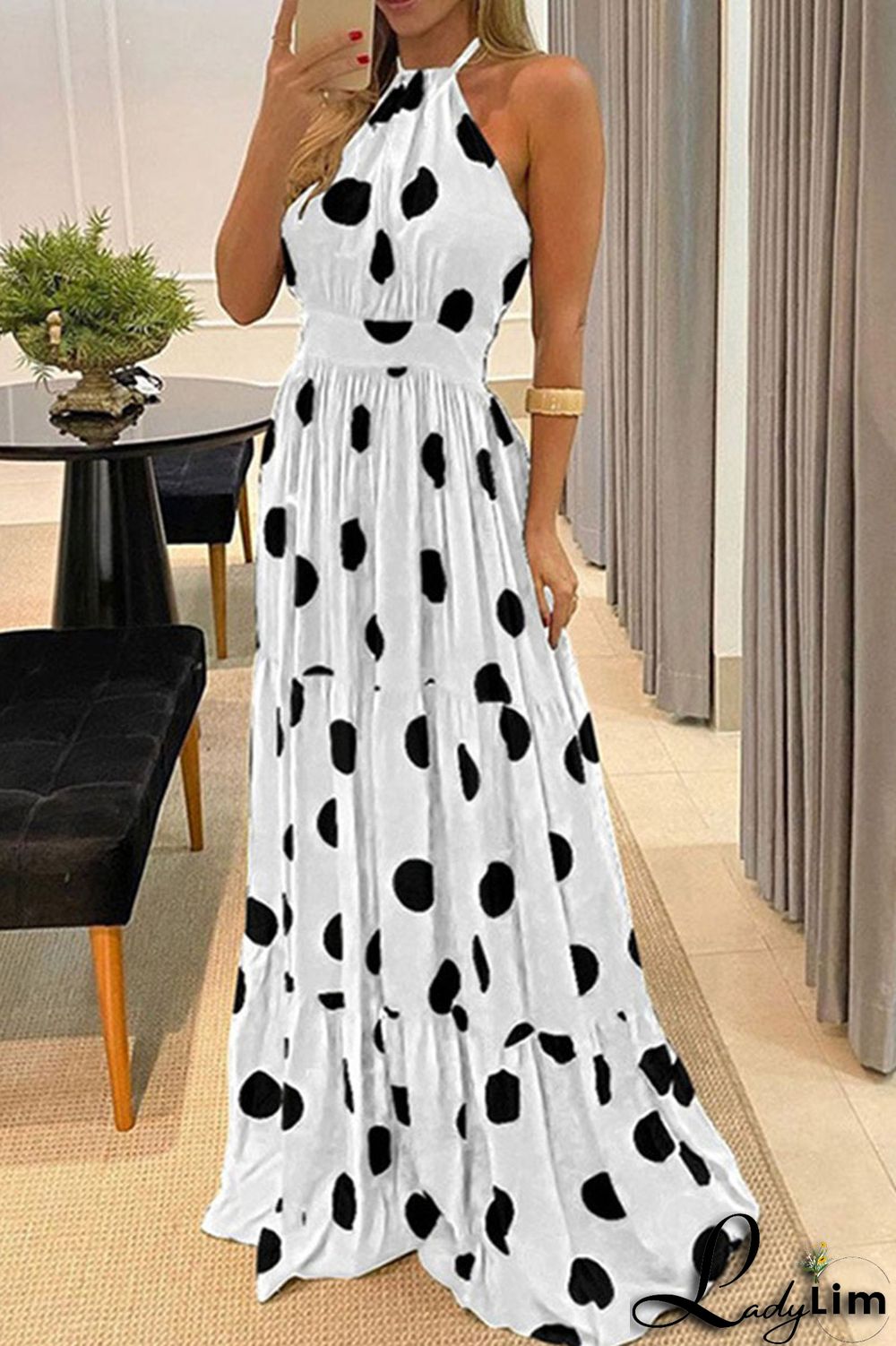 Green Casual Sweet Print Polka Dot Patchwork Backless Halter Straight Dresses