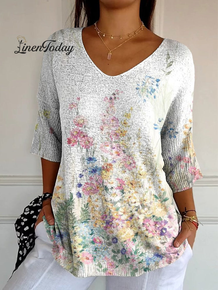 Women’s Vintage Botanical Floral Casual Pullover Knit Multicolor / M