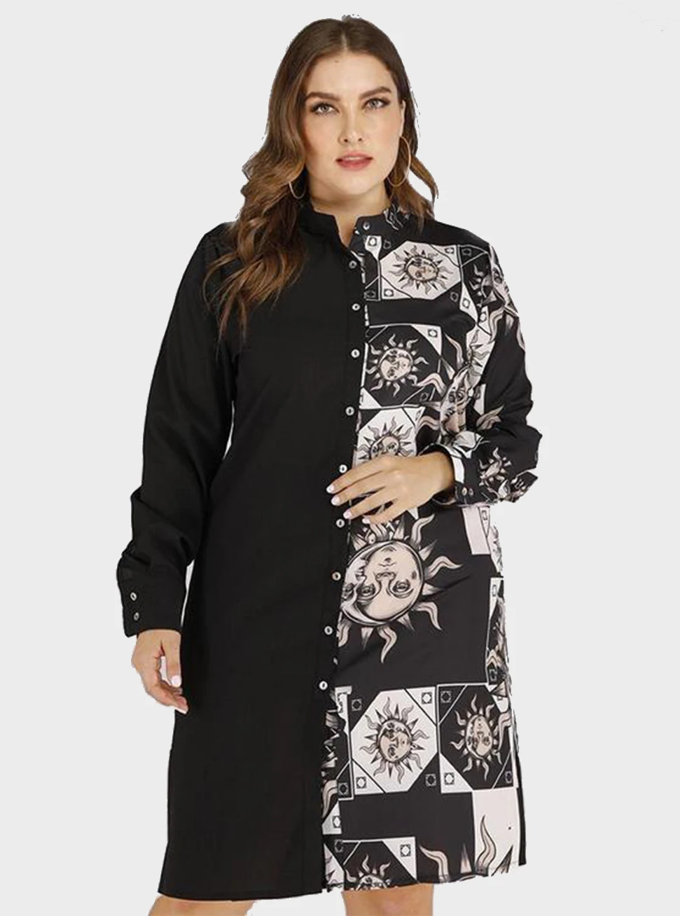  thdmladies Retro Hit Color Fashion Lapel Long Sleeve Shirt Dress thedmladies