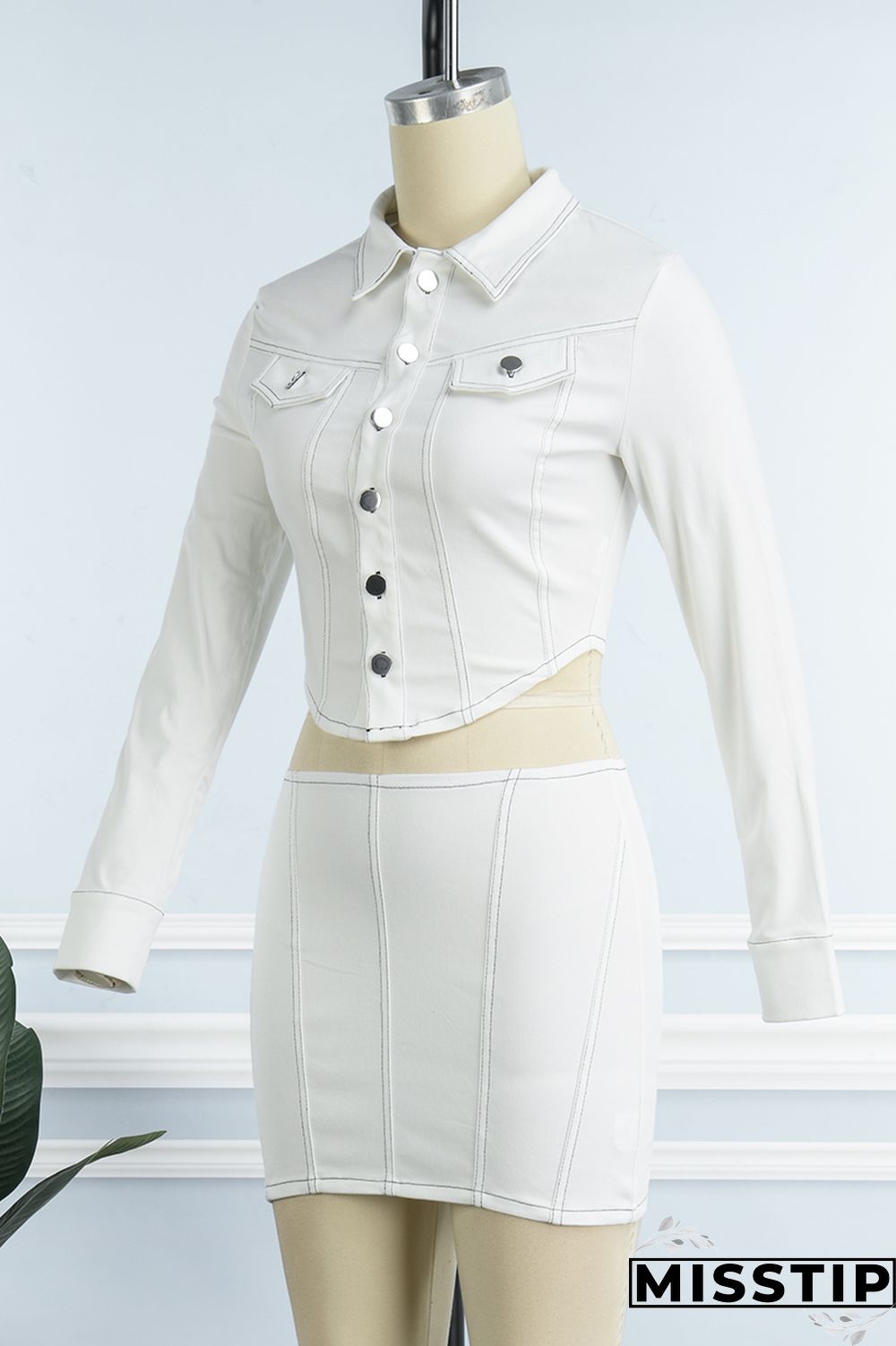 White Casual Solid Patchwork Turndown Collar Long Sleeve Two Pieces