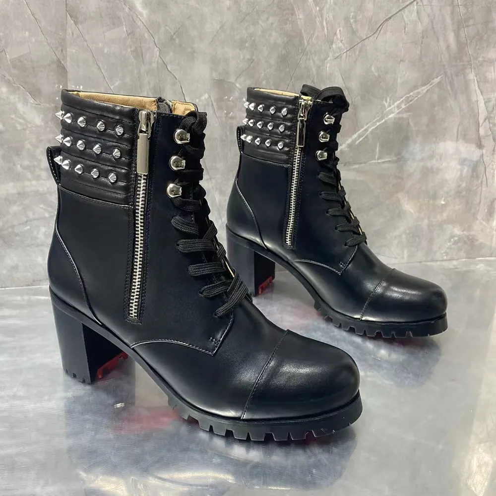 70mm/2.76 inch Women's Zipper Mid-Calf Boots Round Toe Rivet Chunky Heel Red Bottom Boots-vocosishoes