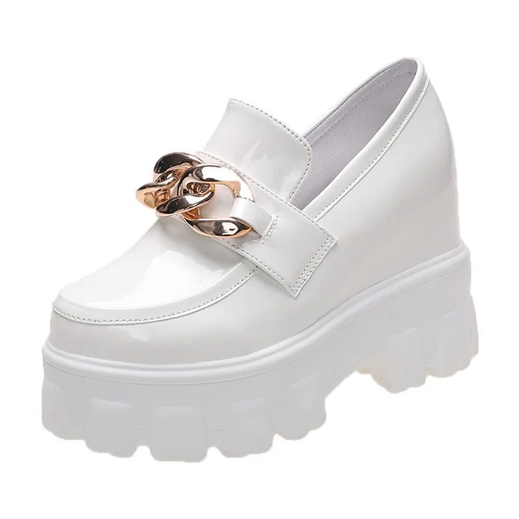 Wongn Wongn Classic Metal Chain Patent Leather Waterproof Platform Super High Heel Inside The High Slope Heel Small Leather Shoes Woman