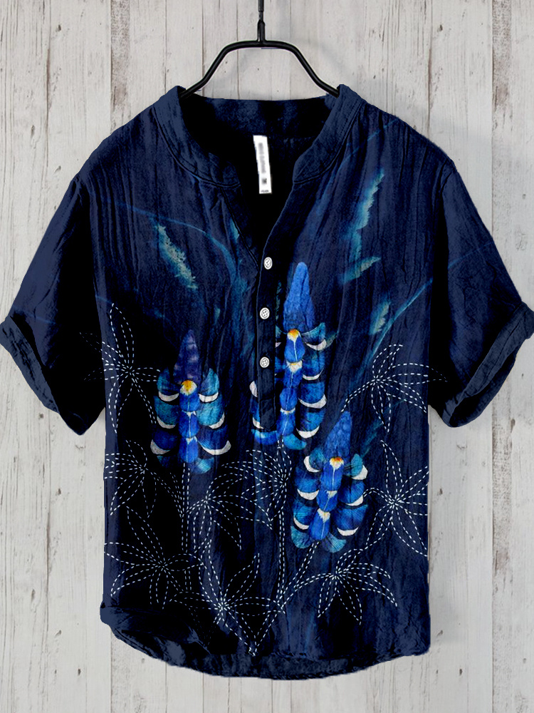 Comstylish Cyanotype & Sashiko Japanese Art Linen Blend Shirt
