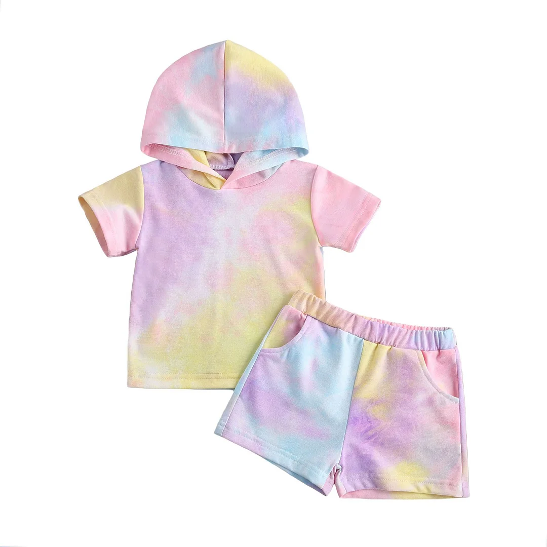 2021 Baby Summer Clothing Children 2Pcs Tie-dyed Clothes Suit, Short Sleeve Hooded Pullover Top Elastic Short Pants Casual Suit
