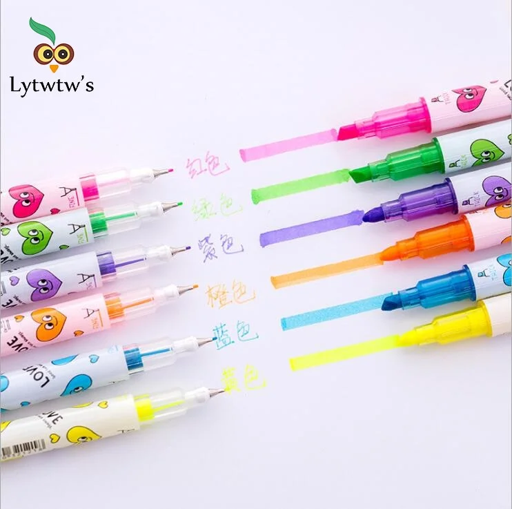 6pcs/set Cartoon stationery Colorful Heart Double Headed Fluorescent Pen Hook Highlighter Color Marker Pen Cute graffiti paint