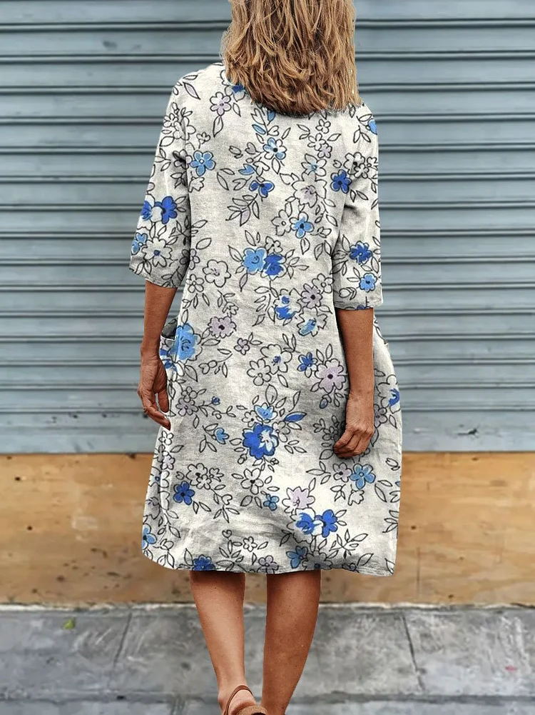 Womens Flower Art Print Linen Pocket Tunic Dress