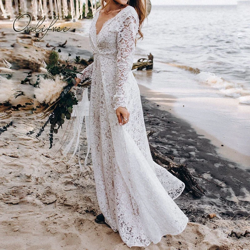 Ordifree 2022 Summer Elegant Women Long Party Dress Long Sleeve See Through White Lace Vocation Maxi Tunic Beach Dress