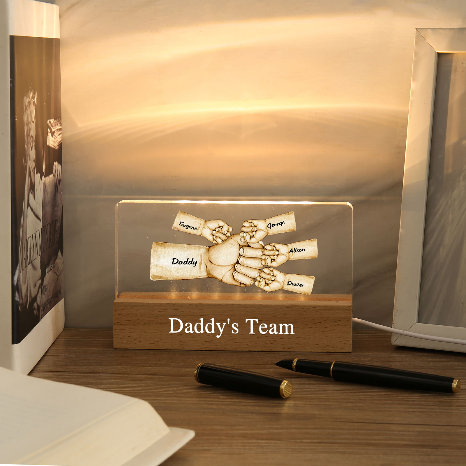 5 Names - Personalised Fist Bump Pattern Table Lamp Customized Text Father's Day Gift for Dad