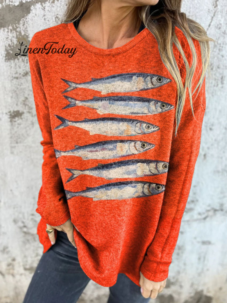 Women&rsquo;s Vintage Lovely Fish Art Print Button Back Casual Knitted Shirt Orange / S