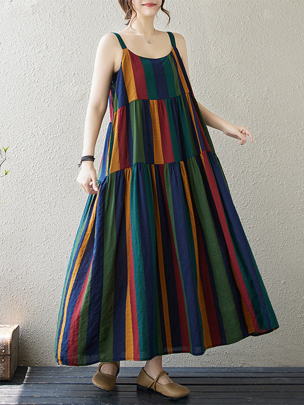 Striped Strap Sleeveless Tiered Loose Linen Maxi Dress